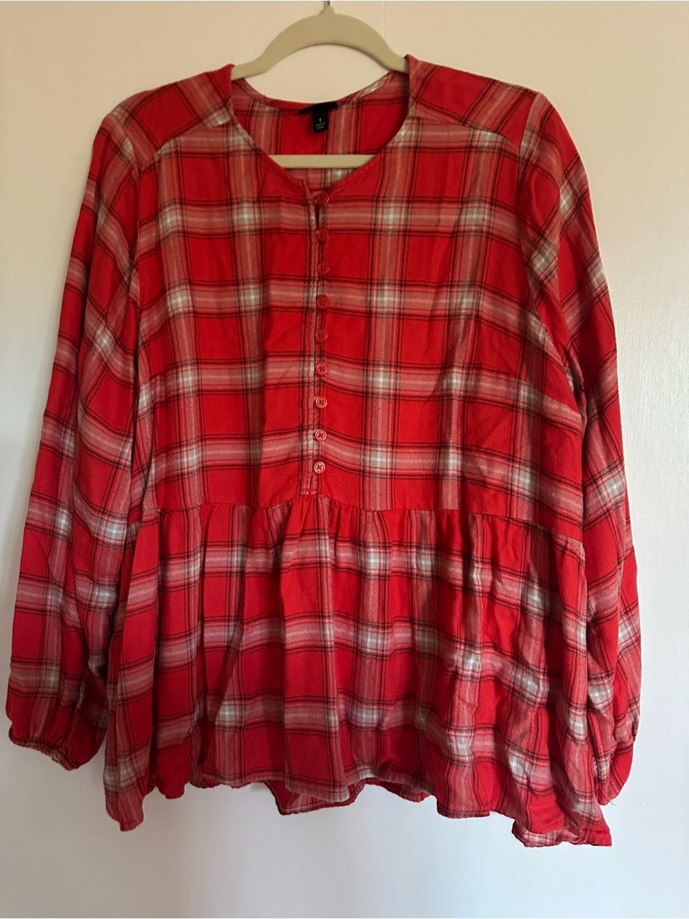 Red/orange plaid Button-Peplum Blouse
